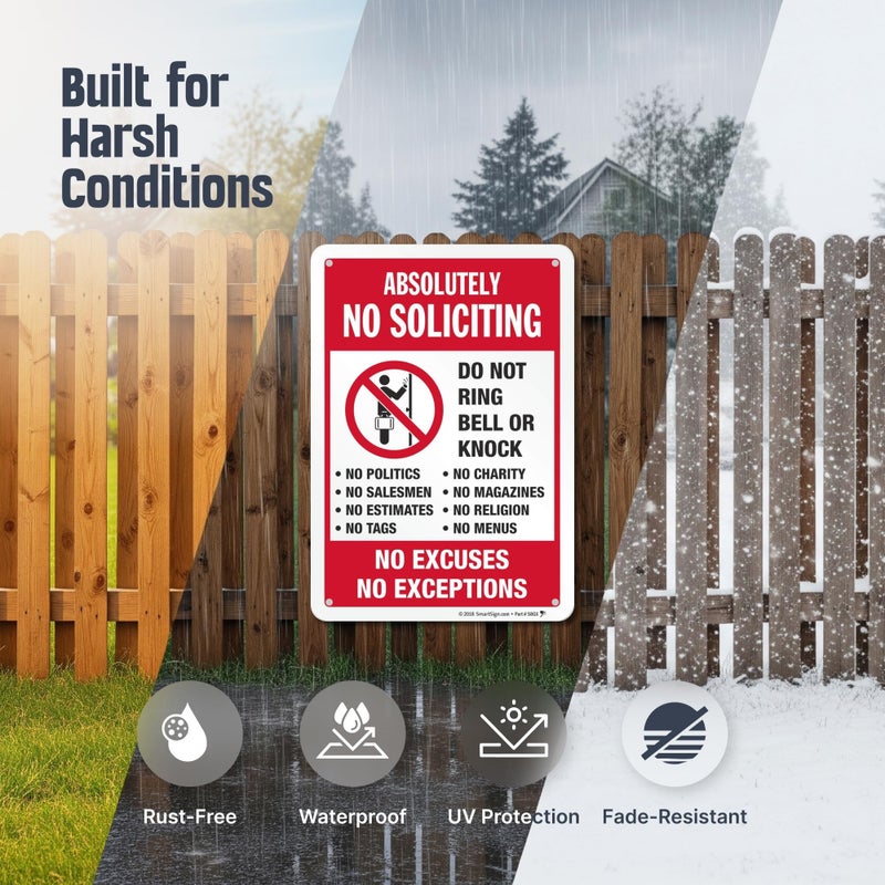 SmartSign 10" x 7" 'Absolutely No Soliciting Do Not Ring Bell No Excuses No Exceptions' Metal Sign, 40 mil Aluminum 3M Laminated Engineer Grade Reflective Material, Red/Black/White, USA-Made - Image 3